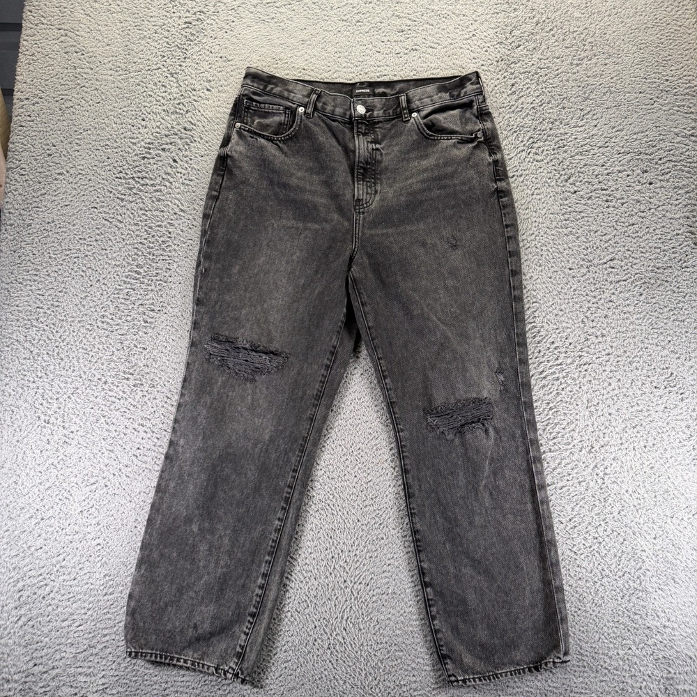 VTG Express Jeans Womens 14 Black Cotton Denim Straight Ankle Distressed Baggy